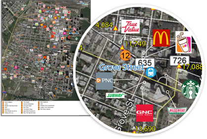 Satellite map showing retail locations by logo.