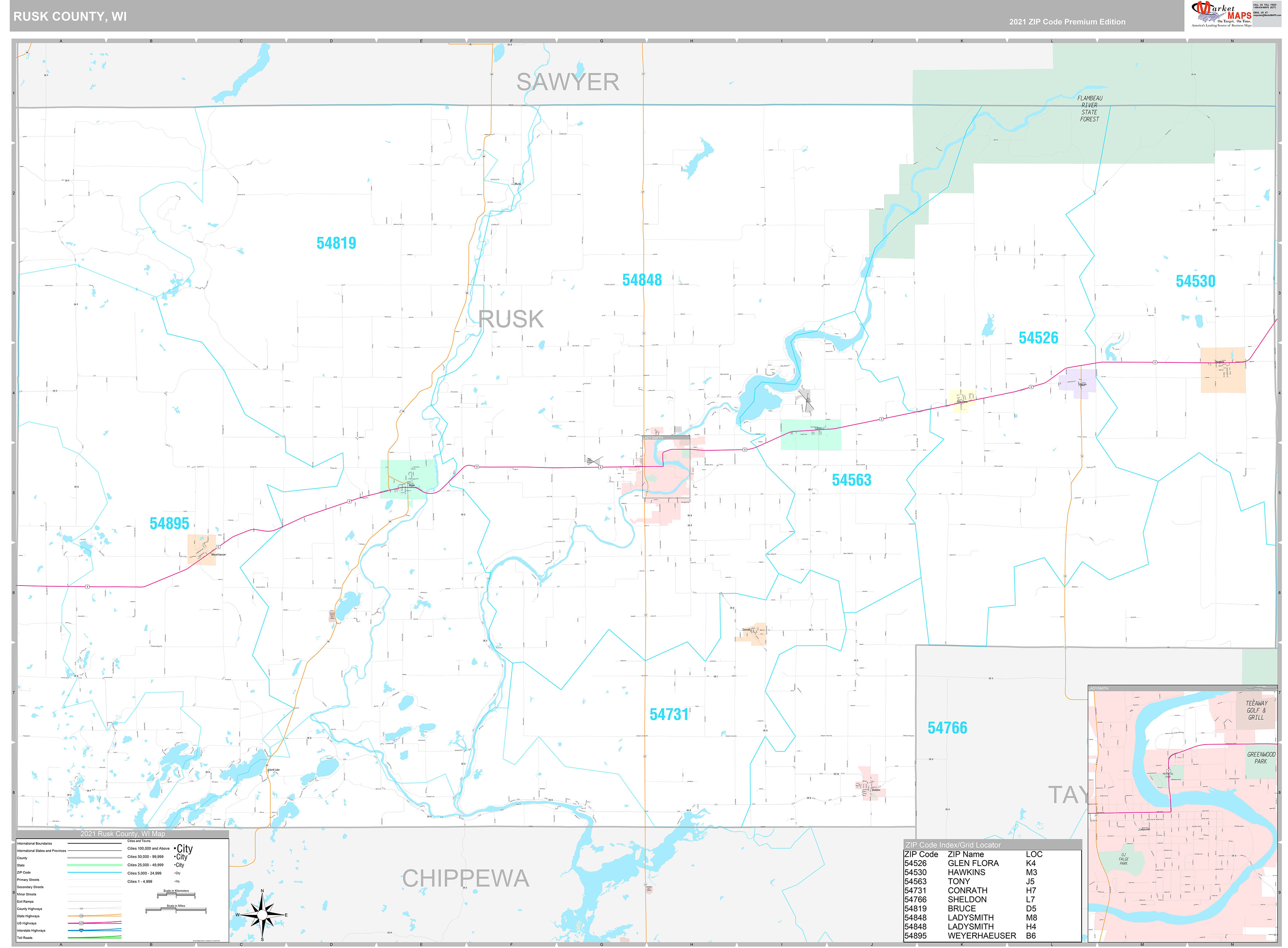 Rusk County Wall Map Premium Style