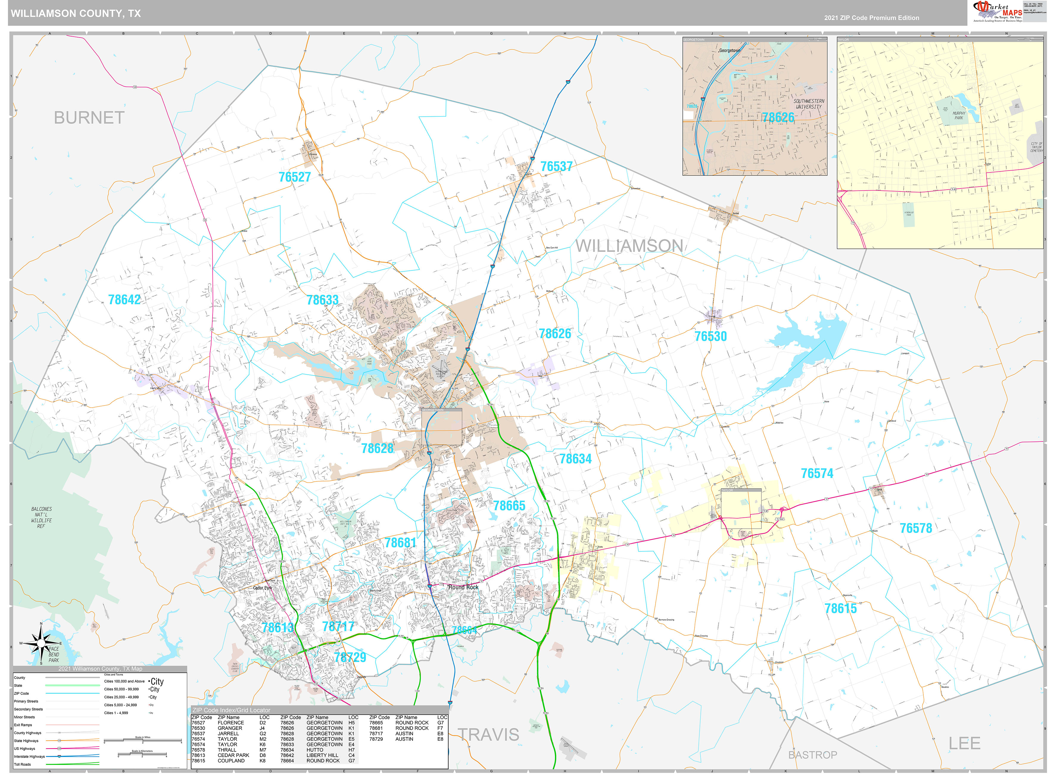 Williamson County Wall Map Premium Style