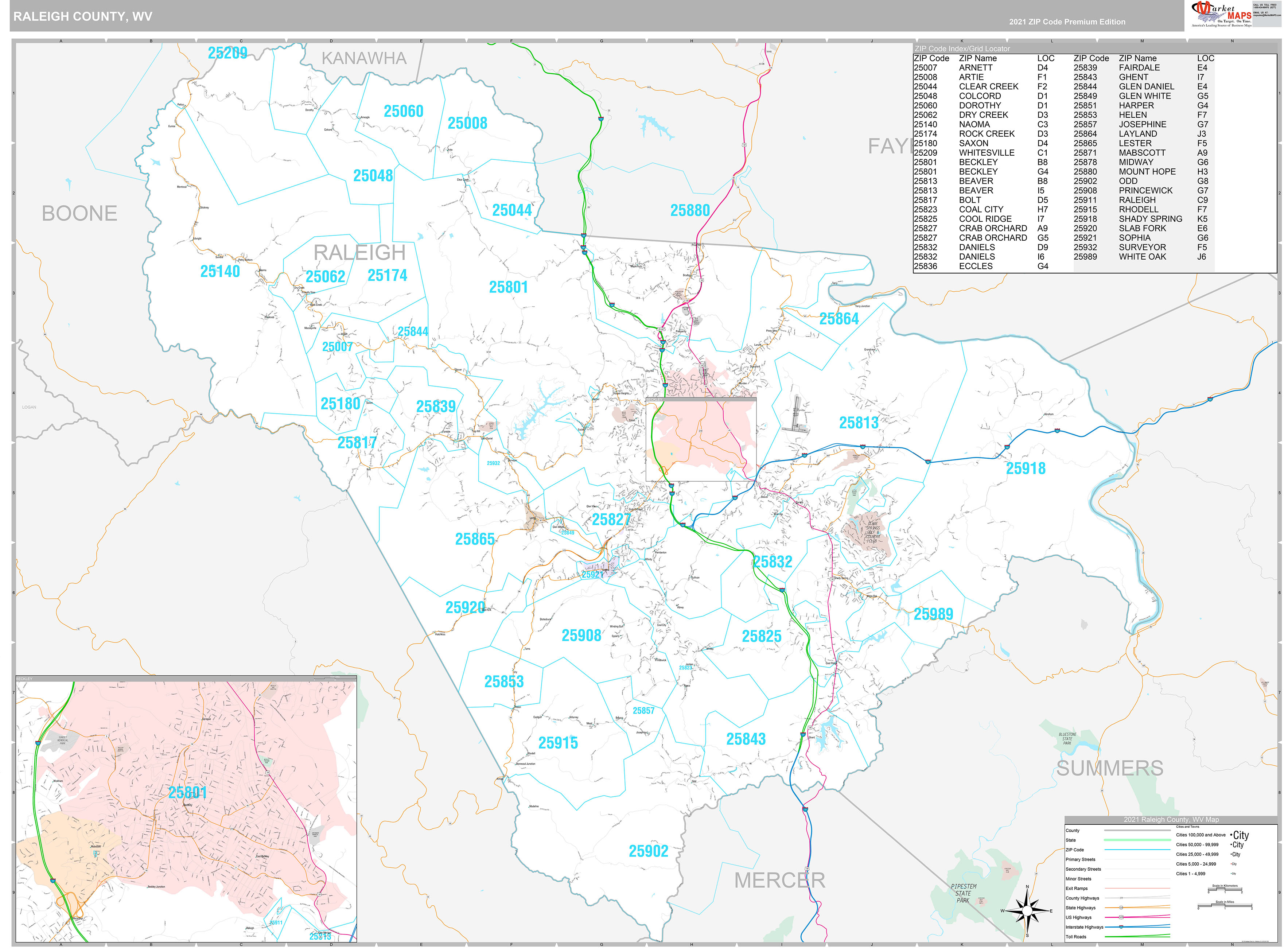 Raleigh County Wall Map Premium Style